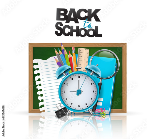 Back to school banner. Education design concept with college stationery supplies for students and teachers. Realistic 3d vector illustration.