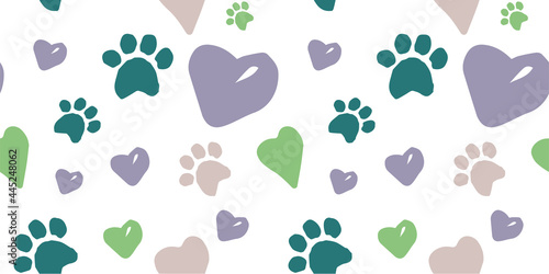 seamless doodle pattern with dog footprints, hearts, lettering of the word dog, lettering of the word woof