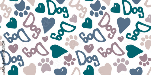 seamless doodle pattern with dog footprints, hearts, lettering of the word dog, lettering of the word woof