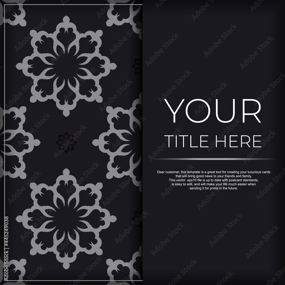 Dark invitation card design with silver Indian ornament. Elegant and classic vector elements ready for print and typography.