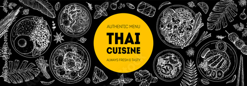 Thai food top view vector illustration. Food menu design template. Hand drawn sketch. Thai food menu. Vintage style. Pad thai, khao man gai, thai noodle soup, pad krapow gai, massaman curry.