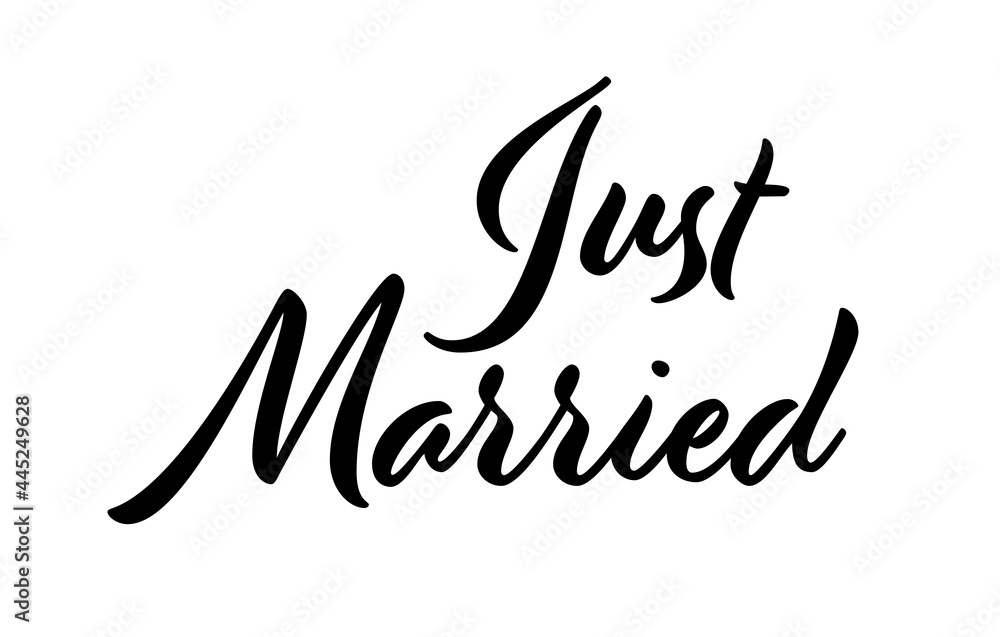 Text Just Married on white background. Wedding day