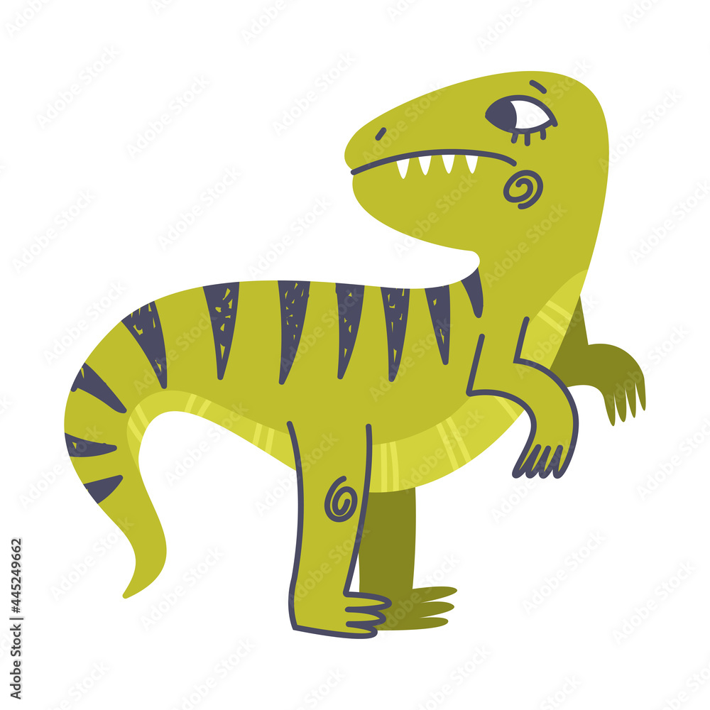 Fototapeta premium Funny Green Striped Dinosaur as Cute Prehistoric Creature and Comic Jurassic Predator Vector Illustration