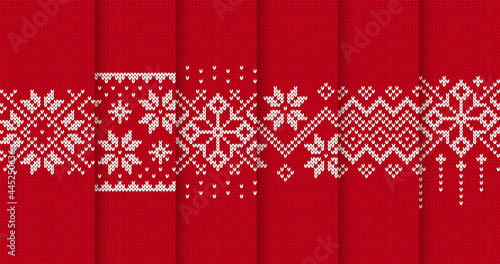 Christmas knit patterns. Red Xmas seamless background. Set of knitted textures. Festive border for sweater. Holiday fair isle traditional print. Ornament with flowers. Vector illustration.