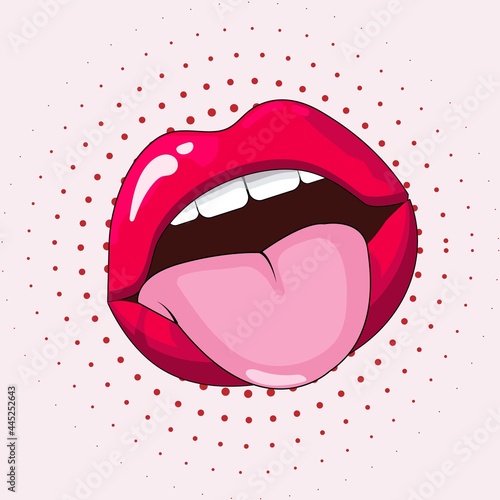 red lips, mouth and tongue icon on pop art retro vintage.Trendy and fashion color illustration.