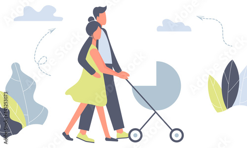 Happy mother and father on walk with newborn in stroller. Parents pushing pram with child in park. Young mom and dad with baby in pushchair isolated on white background in funky figures style. Vector