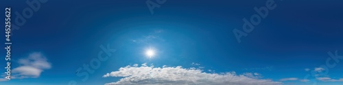 Blue sky panorama with Cirrus clouds in Seamless spherical equirectangular format. Full zenith for use in 3D graphics  game and editing aerial drone 360 degree panoramas for sky replacement.