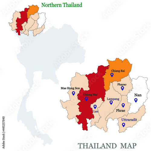 Maps of Northern Thailand with 9 Province, Chiang mai, Chiang rai, Phrae, Phayao, Lampang, Maehhongson, Uttaradit, Lamphun, Nan and focus on Chiang Mai with red colour and blue pin map