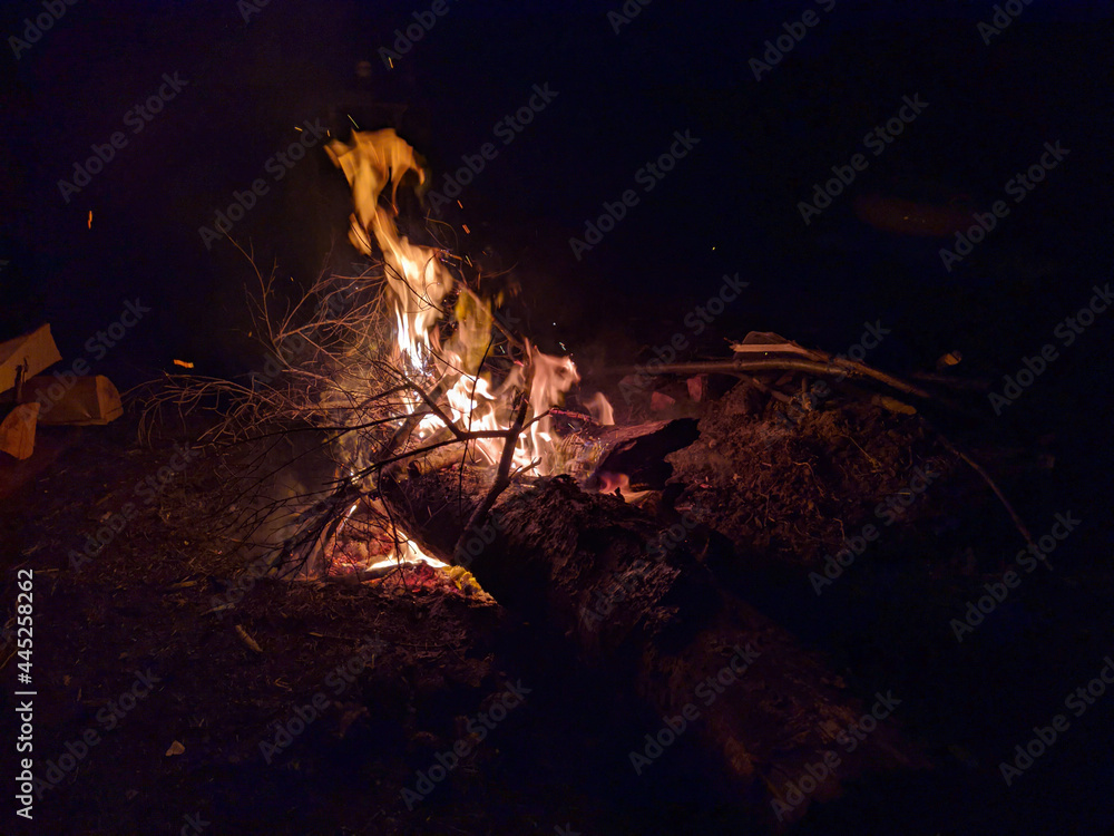 Naklejka premium bonfire in the forest at night. campfire flame on black background.