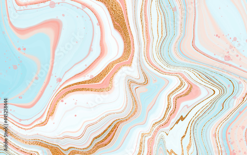 Abstract pink marble with gold for wallpaper design. Vector abstract blue veined shiny pattern. Elegant design. Vector cover. Luxurious golden marble texture.
