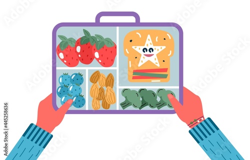 Hands holding breakfast or lunch meals. Food, drinks for Children school lunch boxes with meal, broccoli, sandwich, juice, snacks, fruit, vegetables.Vector trendy