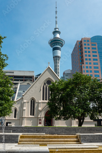 Cathedral of St. Patrick in Auckland, the Skytower in the background
