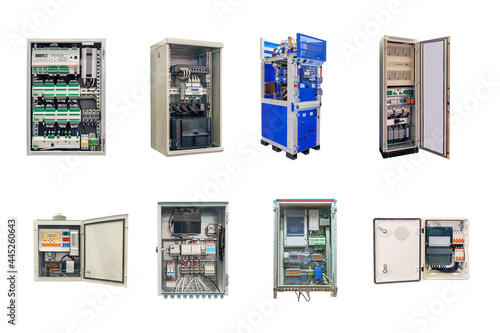 eight electrical control cabinets of various designs and purposes, isolated on white background