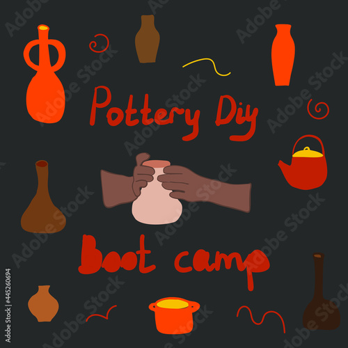 Pottery workshop set. Collection of hand drawn sketches templates patterns of craftsman artist making pot . Creative occupation production handmade ceramics clay items.flat vector illustration 
