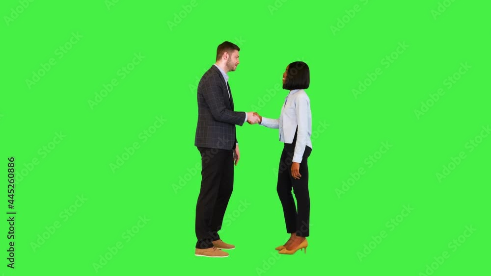 Businessman and businesswoman handshake on meeting Business man shake hand of african female worker on a Green Screen, Chroma Key. Businessman and businesswoman handshake on meeting Business man shake hand of african female worker on a Green Screen, Chroma Key.