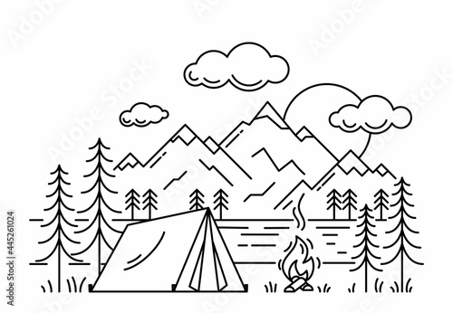 Camping tent in forest at the river outline vector illustration. Black linear campsite isolated on white background. Outdoor recreation in woods and at the river. © Valentina