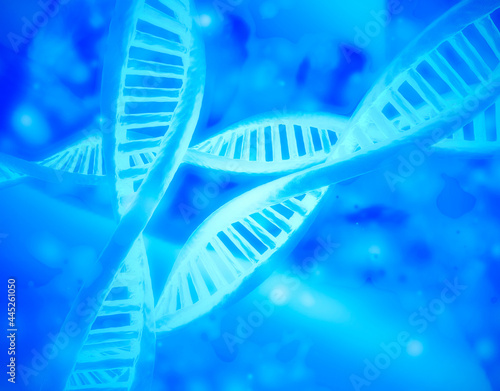 Abstract composition depicting a human DNA molecule in bright blue tones. 3d rendering