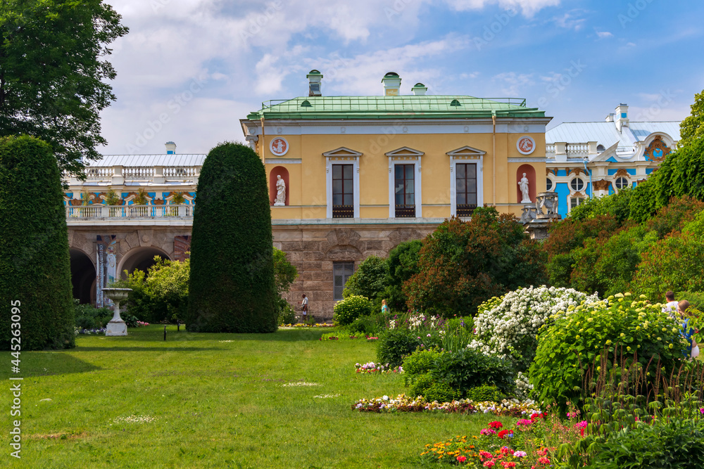 St.Petersburg, Russia - June, 27, 2021: Flower garden at the Catherine Palace in Pushkin (Tsarskoe Selo).