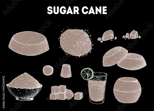 Brown Sugar Organic Unrefined. Sugar cane sketch collection. Hand drawn vector illustration. Vintage design template. Panela, Gur or jggery powder. Vintage Design for packaging.