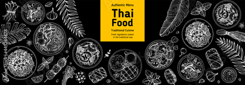 Thai food top view vector illustration. Food menu design template. Hand drawn sketch. Thai food menu. Vintage style. Tom yum, som tam, noodle soup, tom kha gai, mango stiky rice.