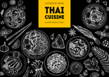 Thai food top view vector illustration. Food menu design template. Hand drawn sketch. Thai food menu. Vintage style. Thai noodle soup, tom yum, som tam, massaman curry, khao man gai, pad pak ruam