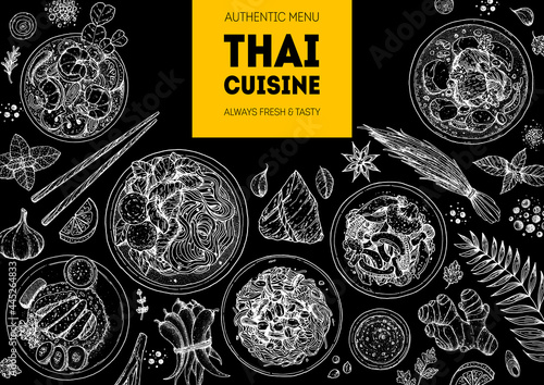 Thai food top view vector illustration. Food menu design template. Hand drawn sketch. Thai food menu. Vintage style. Thai noodle soup, tom yum, som tam, massaman curry, khao man gai, pad pak ruam