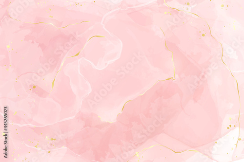 Abstract rose blush liquid watercolor background with golden lines, dots and stains. Pastel marble alcohol ink drawing effect. Vector illustration design template for wedding invitation