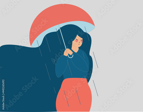 A woman with depression holds an umbrella which does not protect her from the foggy weather and rain. Stressed girl in a sad situation. Mental health, negative emotional state, inner world concept.