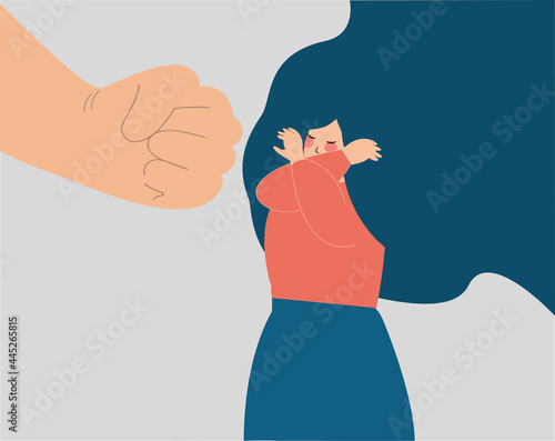A human fist threatens a woman. strong young girl says no to abuse and protects herself. Gender equality, domestic violence, school bullying, protest against aggressively concept. Vector illustration	