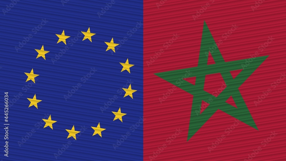 Morocco and European Union Two Half Flags Together Fabric Texture Illustration