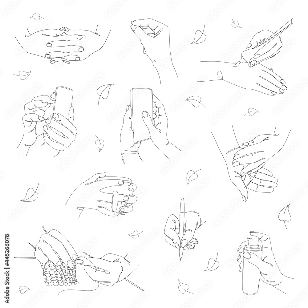 Collection. Human hands holding a phone, a cup, a pen, knitting, in a modern style with one line with leaves. Solid sketches for decor, posters, stickers, logo. Set of vector illustrations. Collection. Human hands holding a phone, a cup, a pen, knitting, in a modern style with one line with leaves. Solid sketches for decor, posters, stickers, logo. Set of vector illustrations.