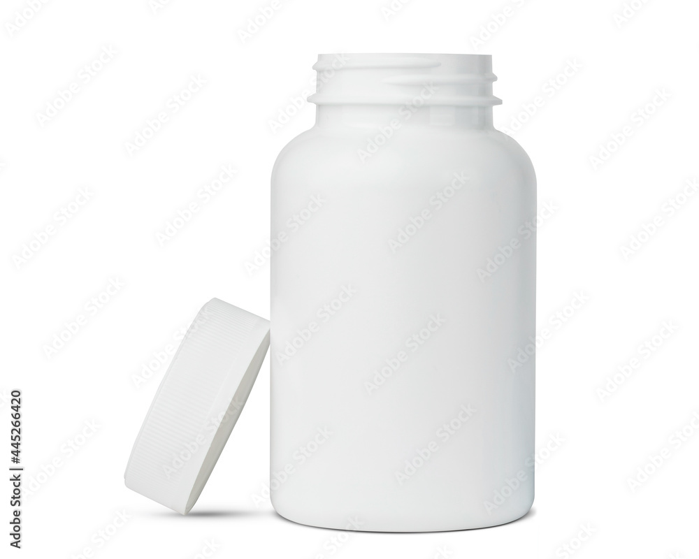 White plastic bottle, container or packer for Pills, tablets, drugs, vitamins. Medicine Concept for pharmacy store, hospital, doctor's office, disease, illness, sick. For Doctor prescription. White plastic bottle, container or packer for Pills, tablets, drugs, vitamins. Medicine Concept for pharmacy store, hospital, doctor's office, disease, illness, sick. For Doctor prescription.