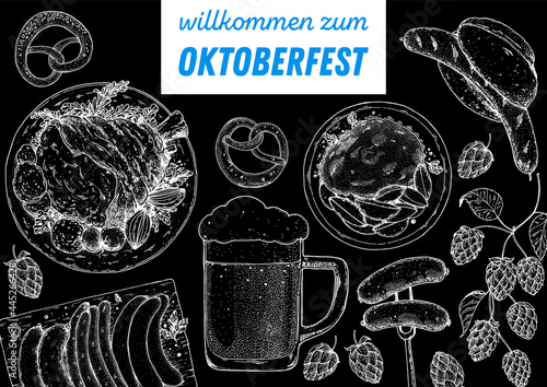 German food sketch. Oktoberfest menu design template. Hand drawn vector illustration. German cuisine. Black and white. Engraved style. Hand drawn food, sketch illustration