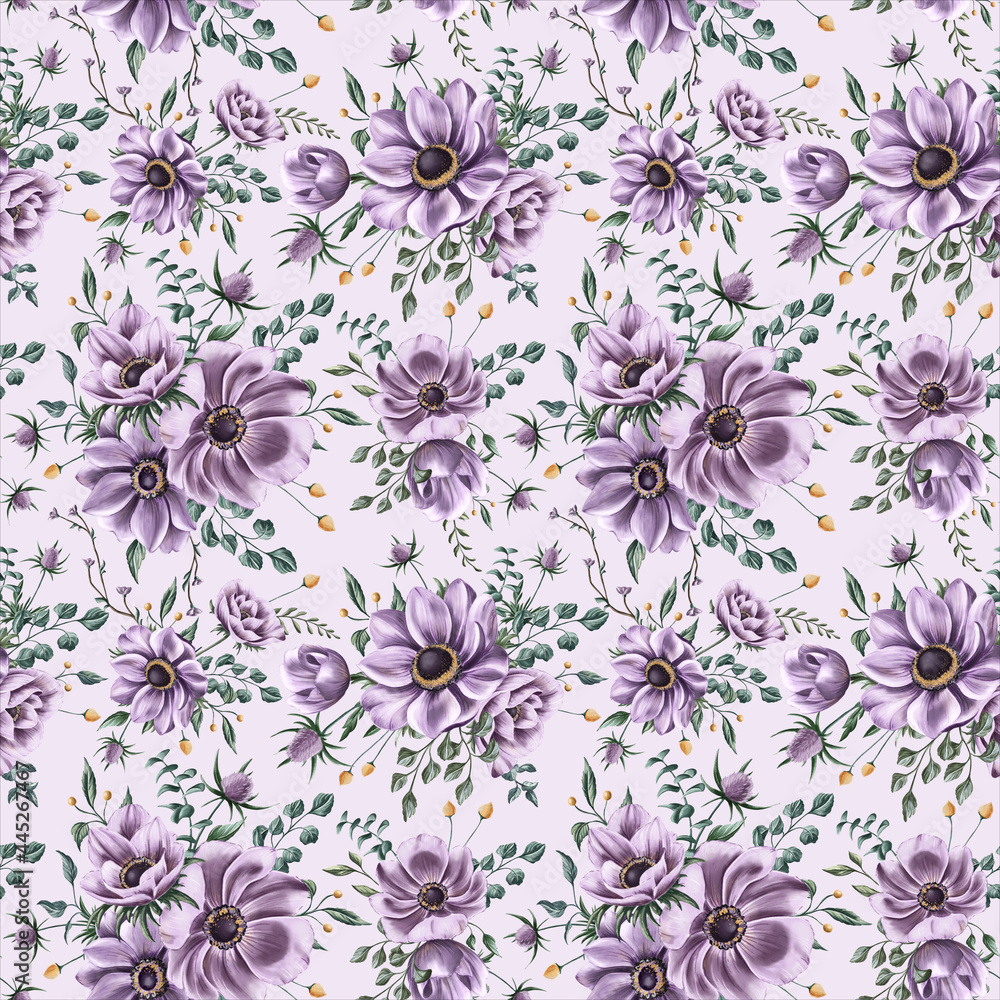 Digital floral seamless pattern. Purple anemones and green leaves on the light purple background. Endless background with beautiful gentle flowers. Ideal for wrapping paper, wedding invitations
