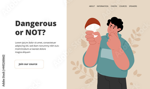 A man trying to identify the species of mushrooms.Landing page,website template.Vector flat illustration.