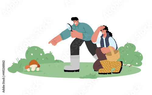 Man and woman hunting,picking mushrooms in the fall in the forest.The guy holds a magnifying glass.Vector illustration
