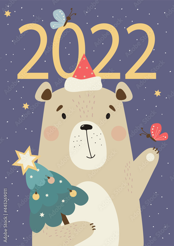 Bear calendar cover 2022. Cute bear in a Santa hat with Christmas tree and a butterfly on a purple background with decor. Vector illustration in a flat style. Vertical postcard for design and printing