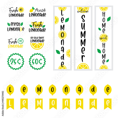 Labels and signs of fresh lemonade with lemon. Vector illustrations for graphic and web design, for stand, restaurant
