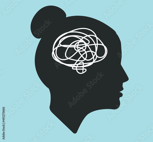 Silhouette of a female head. Flat illustration of face. Head icon. Silhouette of a girl. Woman avatar. Intrapersonal conflict. Depression. Entanglement. Psychology