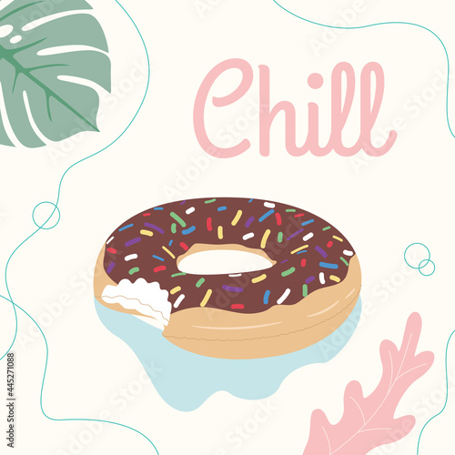 Vector inflatable ring in the form of a brown donut with a stick at the pool. Vector illustration.