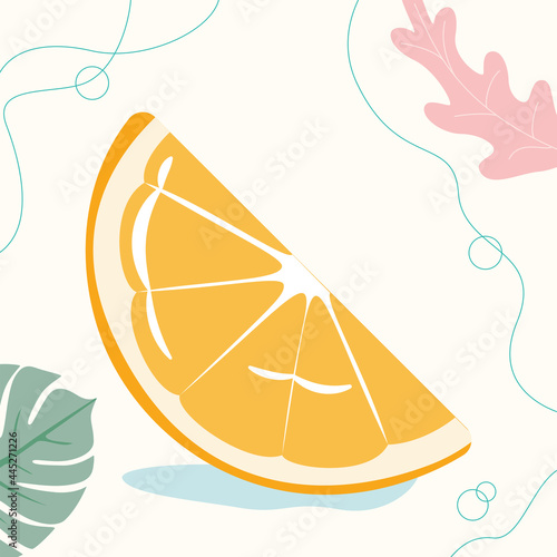 Vector inflatable mattress or orange slice circle on the beach or near the pool ready to swim. Vector illustration on an exotic background.