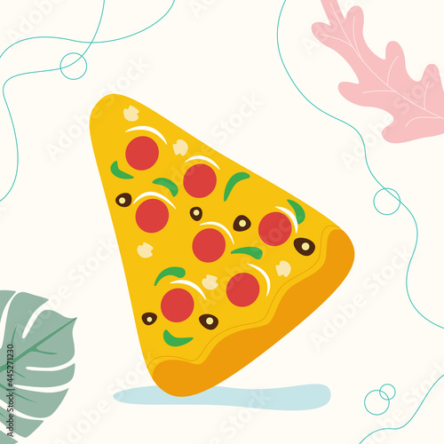 Vector inflatable mattress in the form of an orange pizza near the pool. Vector illustration on a cute background.
