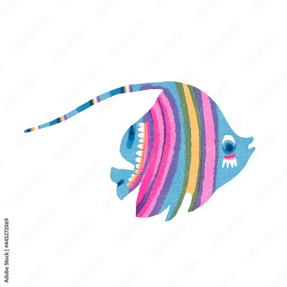 Whimsical angler fish riso print beach design element. Colorful cute