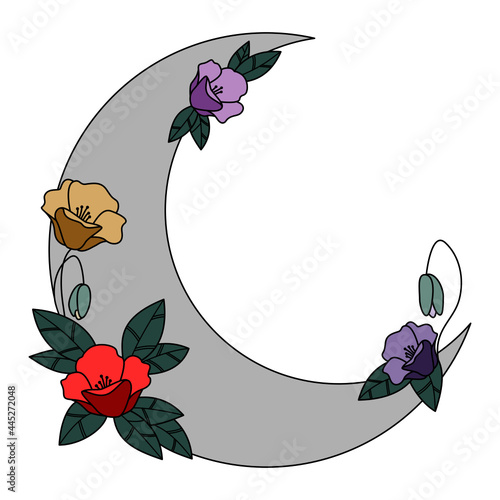 Półksiężyc i kwiaty w subtelnych kolorach - dekoracyjna boho ilustracja z miejscem na Twój tekst do wykorzystania jako logo, tatuaż, zaproszenie ślubne, kartka z życzeniami, naklejka.