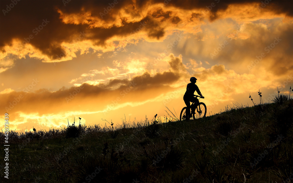 Mountain biker silhouetted against a golden sunset