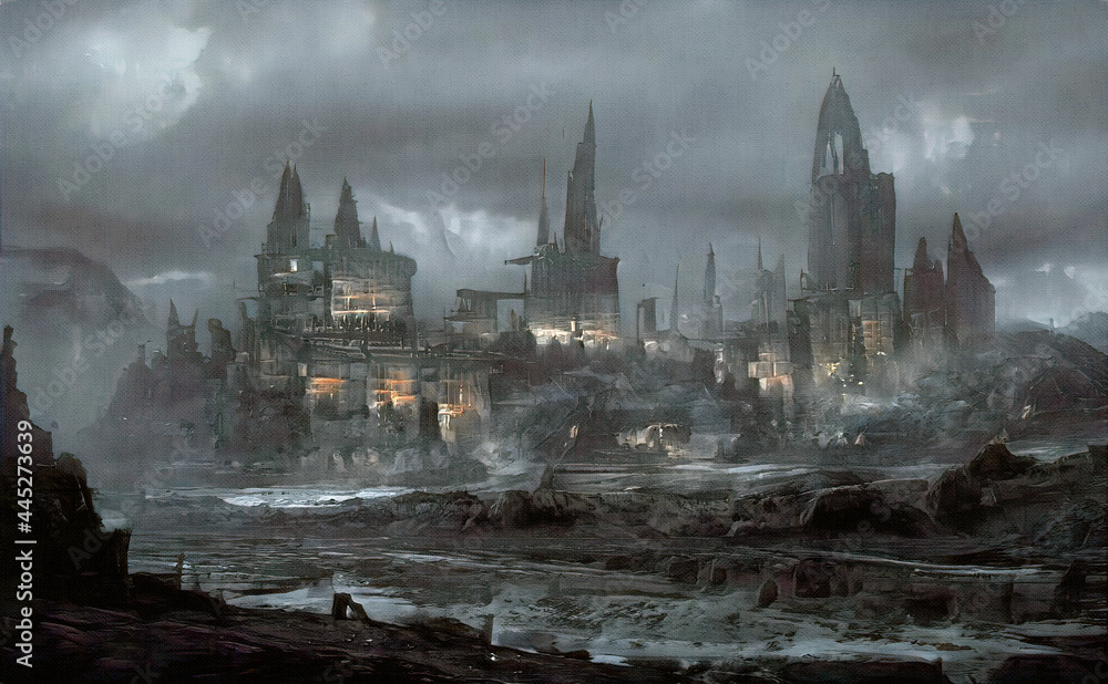 A futuristic city with mysterious castles. A non-existent landscape. Oil painting on canvas. Contemporary art.