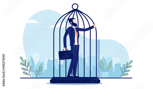 Businessman in cage - Business person feeling trapped at work, imprisoned by work and career stagnation concept. Vector illustration with white background