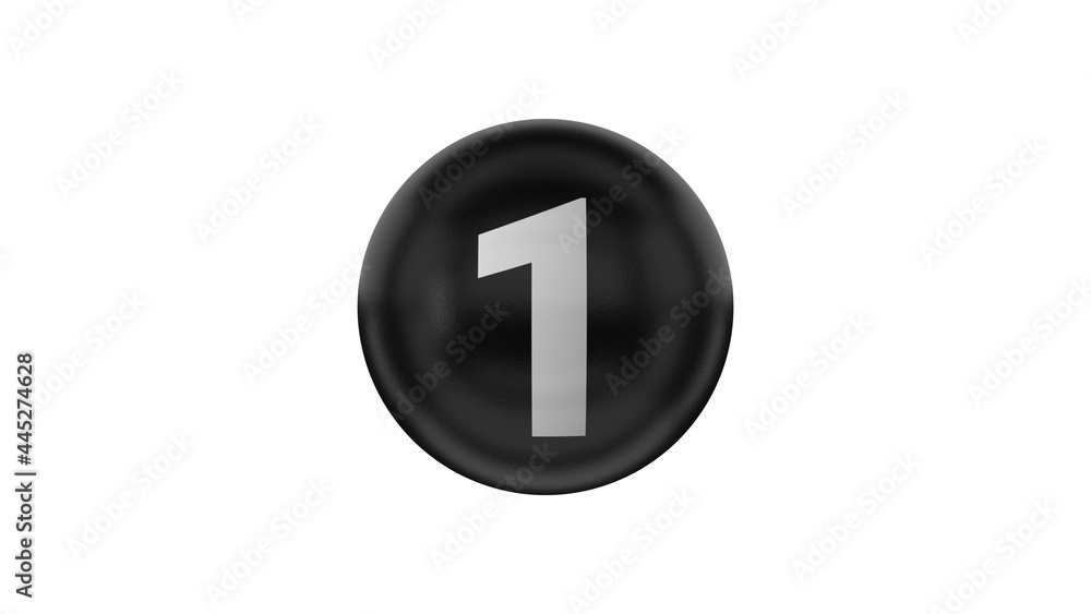 Number 1 on glossy black ball. 3d. 3D rendering. Black ball on the white background Number 1 on glossy black ball. 3d. 3D rendering. Black ball on the white background