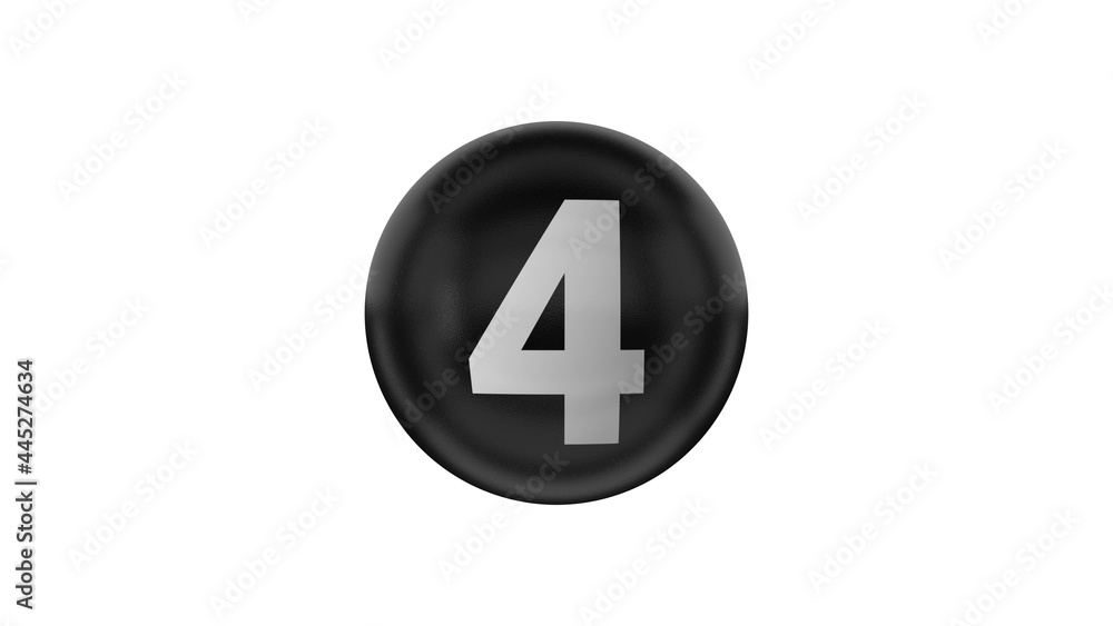 Number 4 on glossy black ball. 3d. 3D rendering. Black ball on the white background Number 4 on glossy black ball. 3d. 3D rendering. Black ball on the white background
