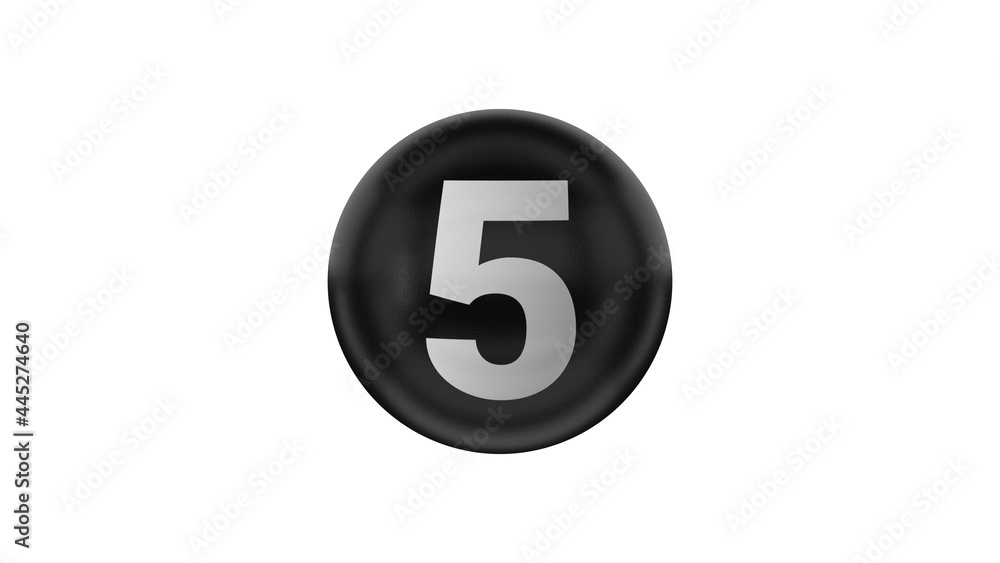 Number 5 on glossy black ball. 3d. 3D rendering. Black ball on the white background Number 5 on glossy black ball. 3d. 3D rendering. Black ball on the white background